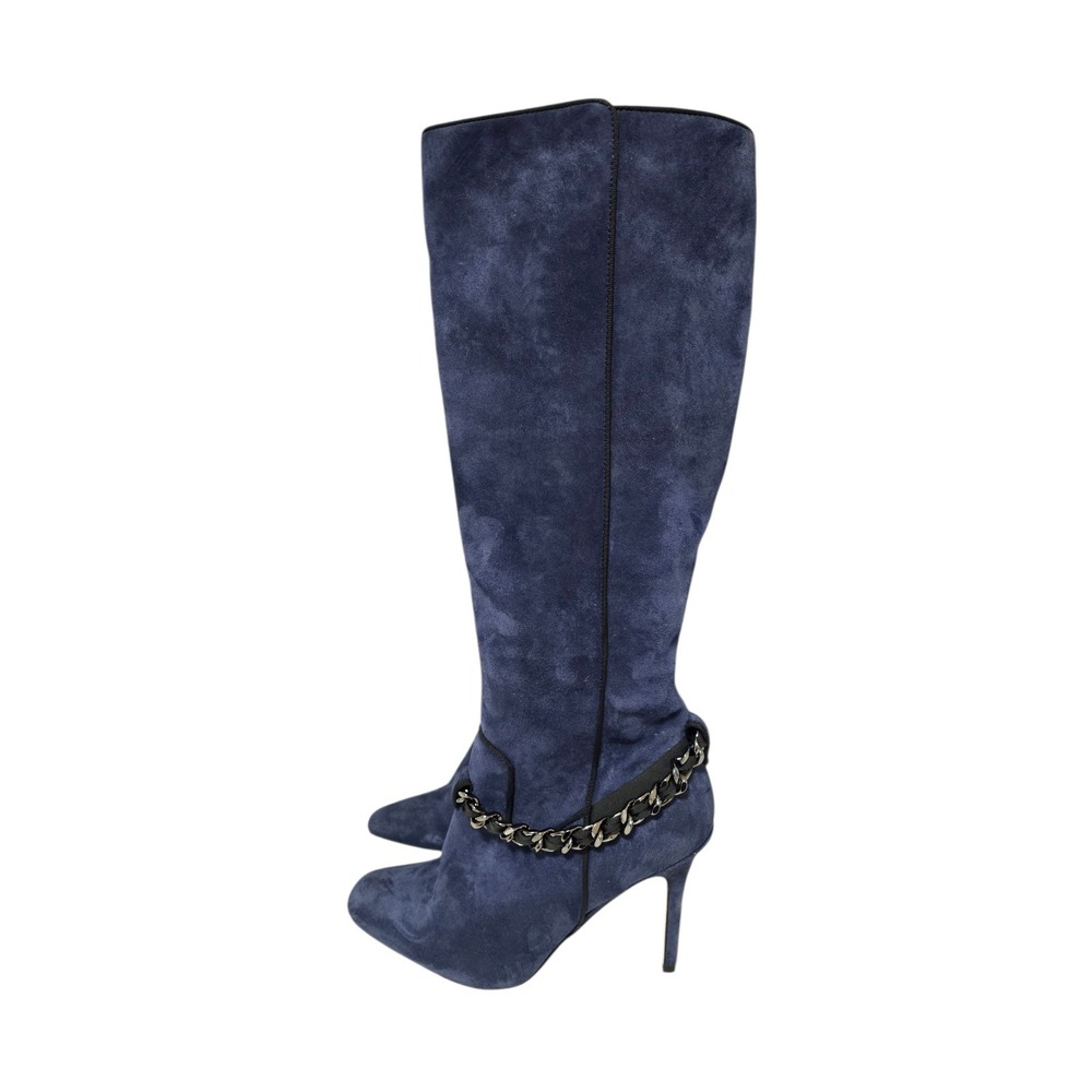 Karl Lagerfeld Blue Suede Knee High Boots Chain Accent Size 8.5 Maryam